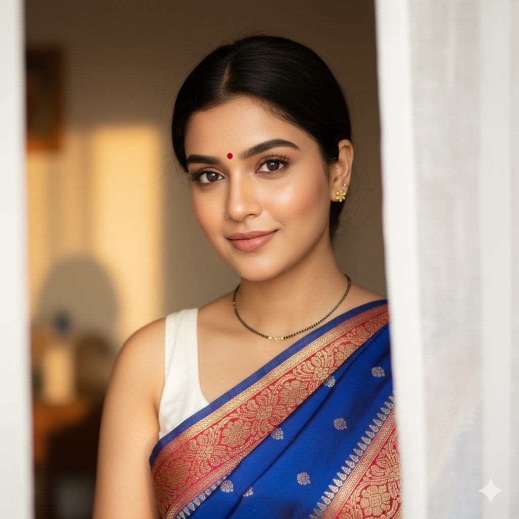 South Asian Woman Portrait with Saree and Sheer Curtains - AI 프롬프트