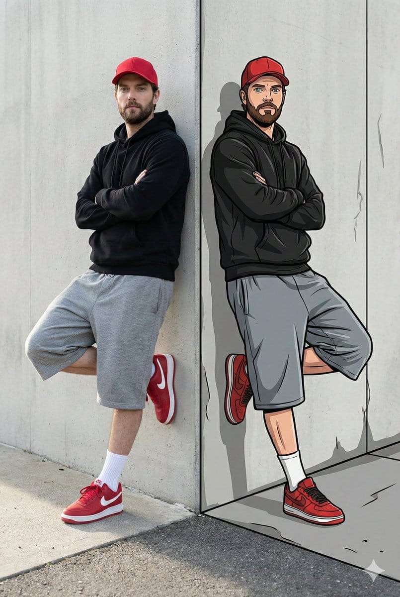 Split-Reality Street Art Portrait with Identity Lock - AI 프롬프트