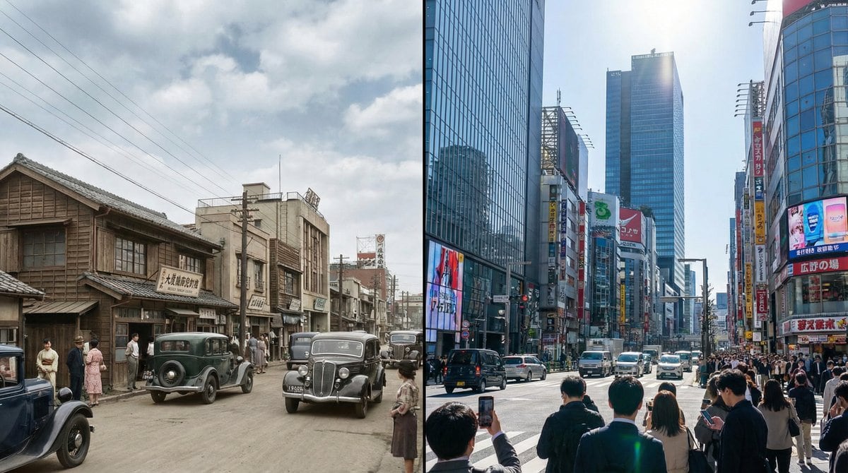 Split-screen time-lapse of same location by coordinates - AI Generated Realistic Style Image Example