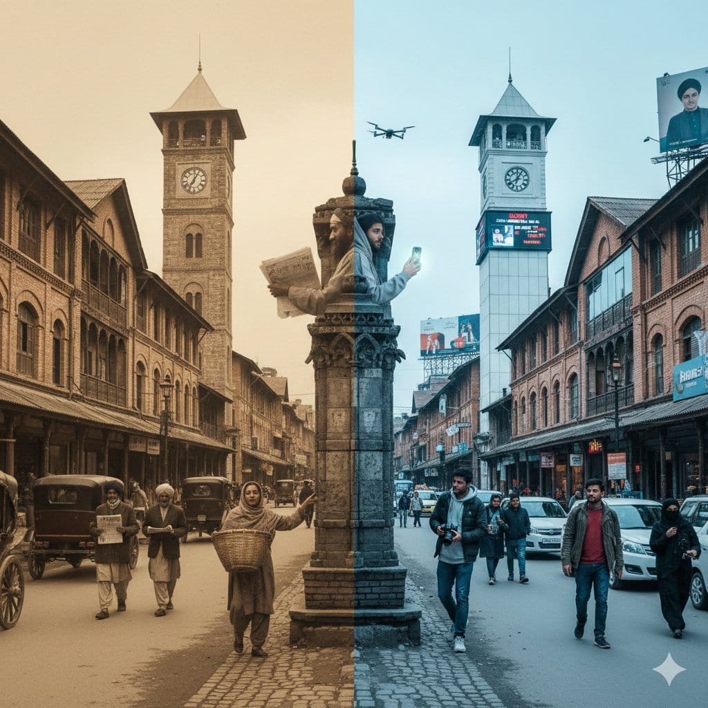 Split-Screen Time Travel Scene - Промпт ИИ