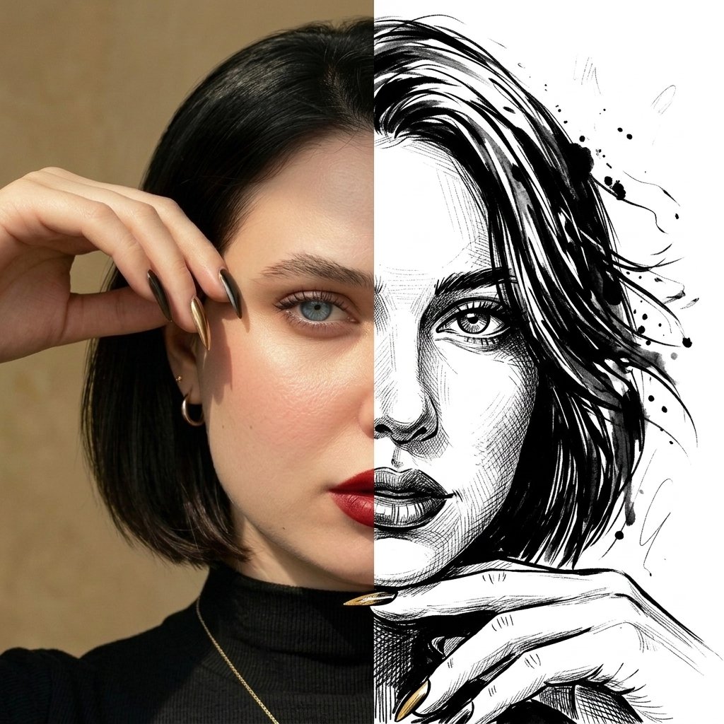 Preview image for Split Face Photo and Ink Illustration prompt