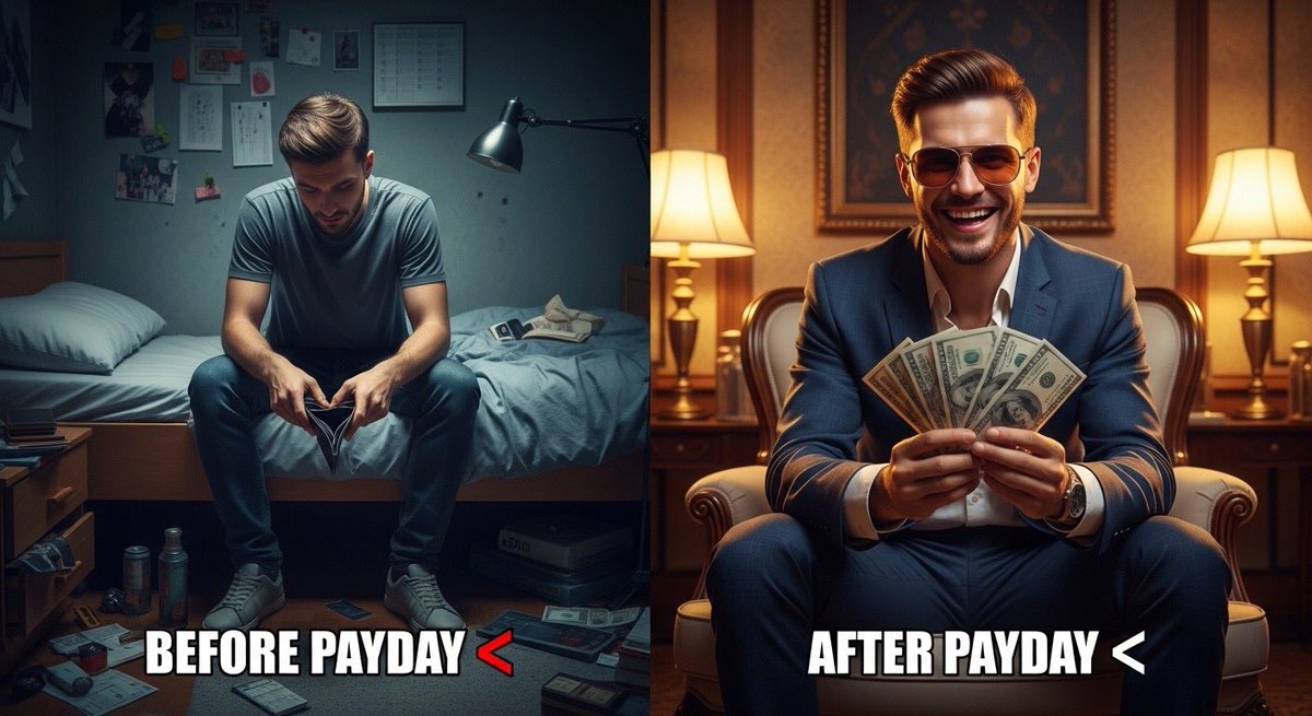 Preview image for Split Scene 'Before and After Payday' Prompt for Nano Banana Pro prompt
