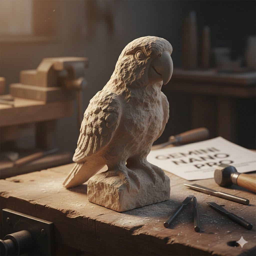 Stone-Carved Pet Statue on Workbench - AI 프롬프트