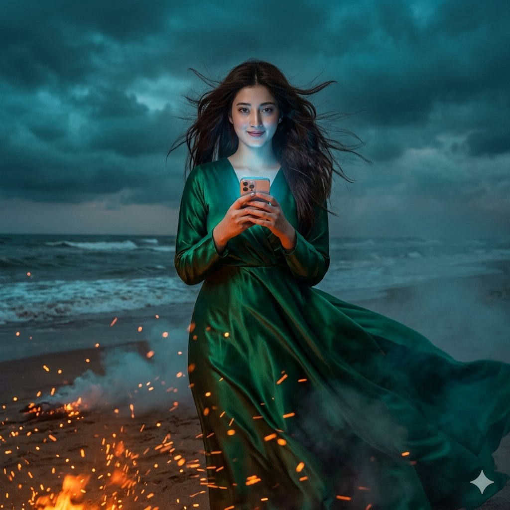 Preview image for Stormy Beach Emerald Dress prompt
