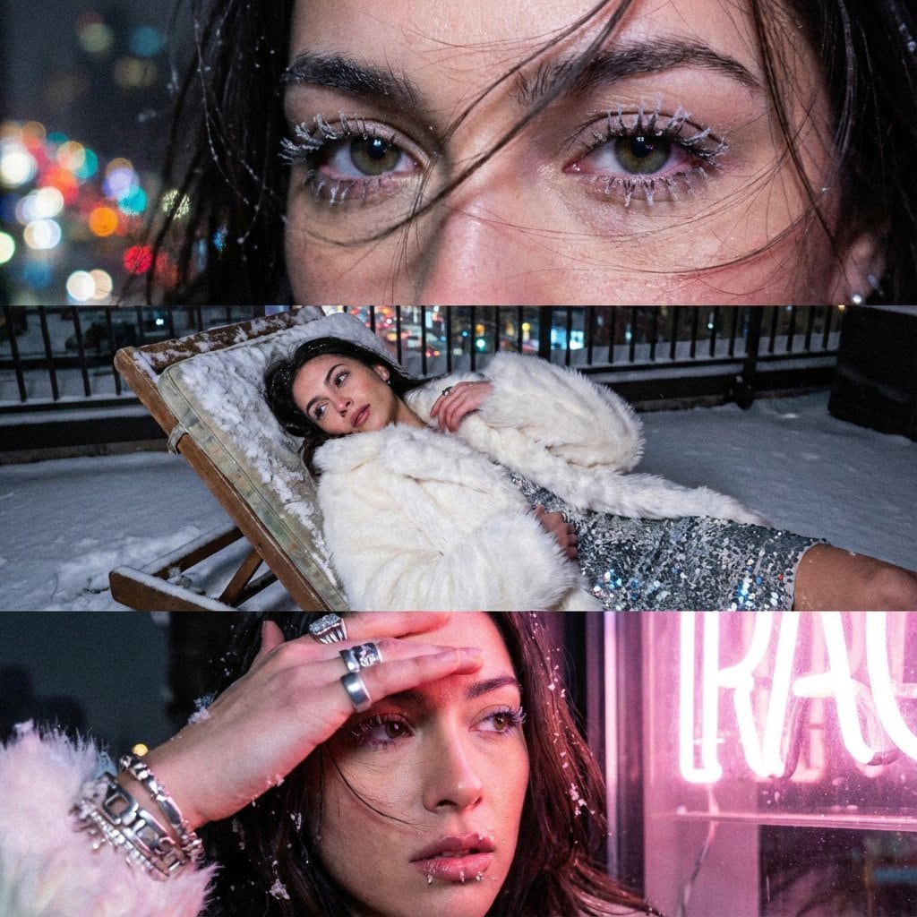 Structured rooftop winter portrait (JSON) - AI Generated Character Style Image Example