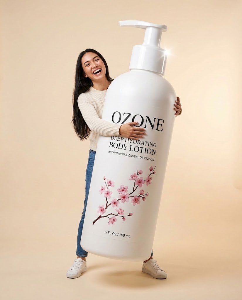 Studio Commercial Shot of Woman Hugging Giant Lotion Bottle - AI Generated Realistic Style Image Example