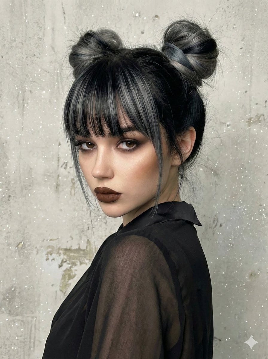 Studio Portrait with Space Buns and Glitter Overlay - AIプロンプト