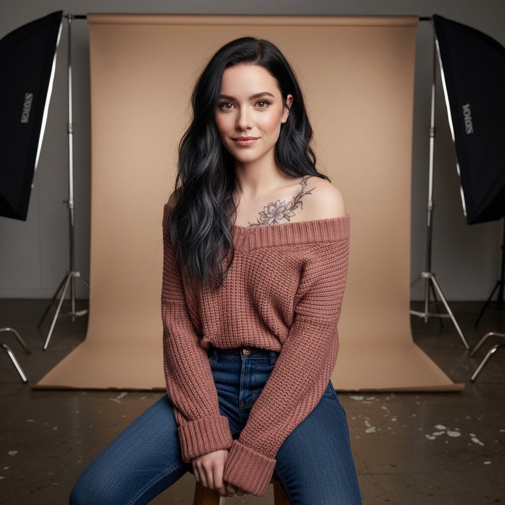 Preview image for Studio Portrait with Tattoo and Chunky Knit Sweater Prompt prompt