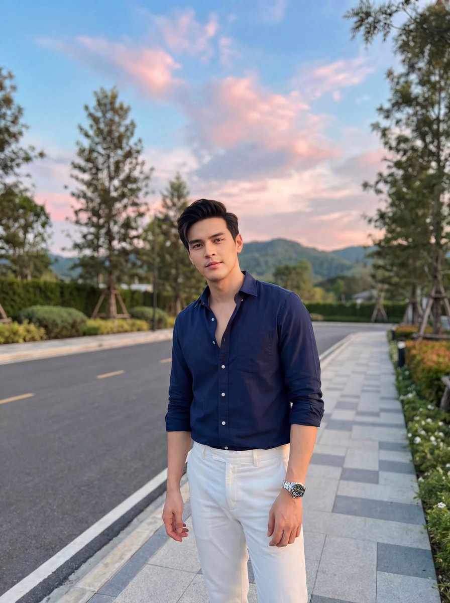 Preview image for Stylish Man on Sidewalk at Sunset prompt