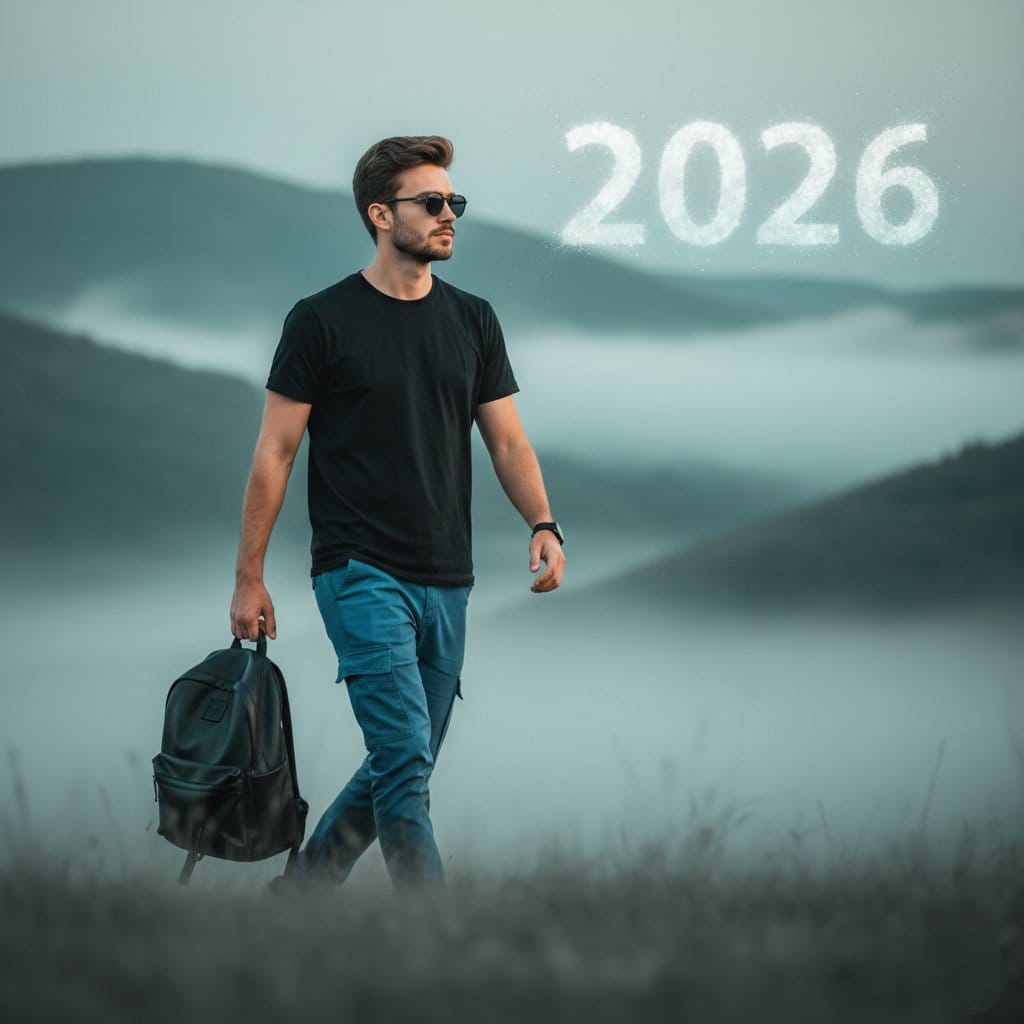 Stylish Person in Cargo Pants Against Ethereal Landscape - AI Prompt
