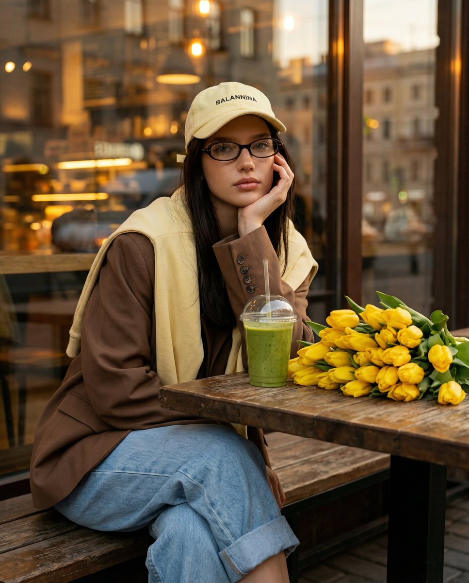 Preview image for Stylish Street Cafe Portrait with Layered Outfit prompt