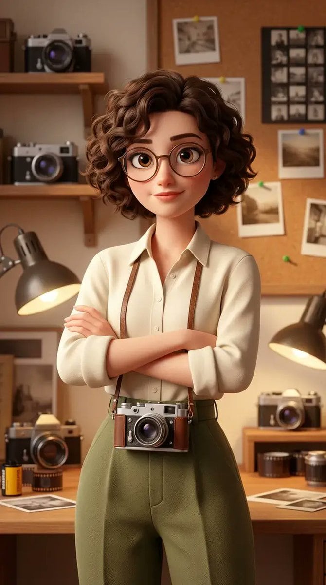 Stylized 3D Animated Female Photographer Character (Pixar Style) - AI提示詞