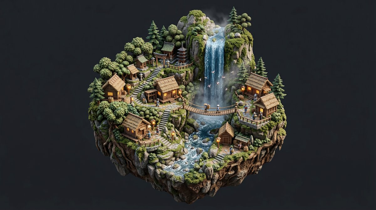 Preview image for Stylized Miniature Diorama of Forest Waterfall Village prompt