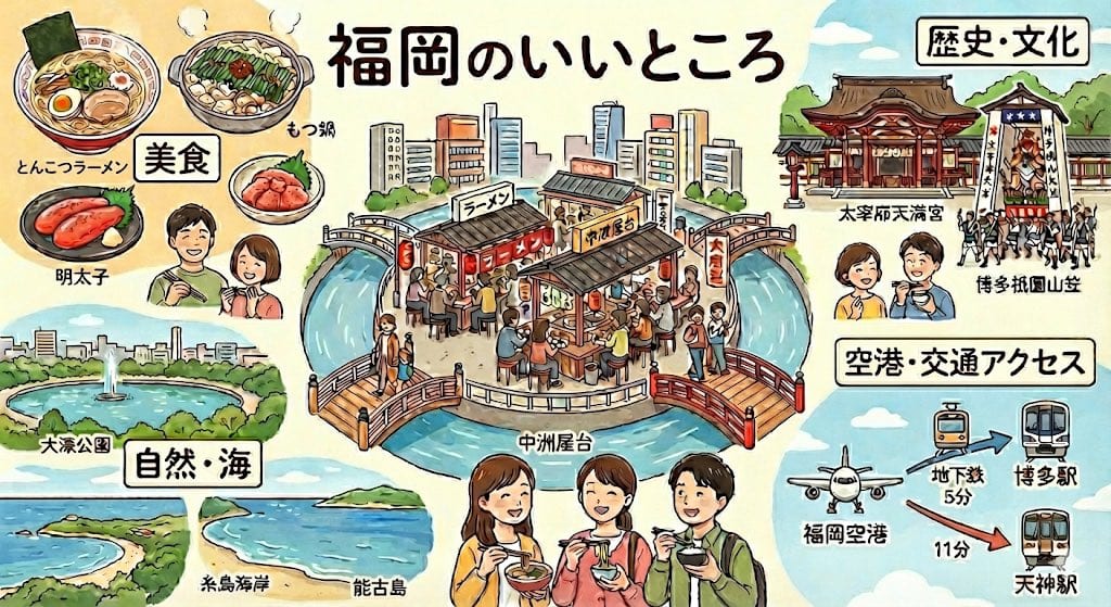 Summarize Fukuoka’s good points in one image - AI Generated AI Art Style Image Example