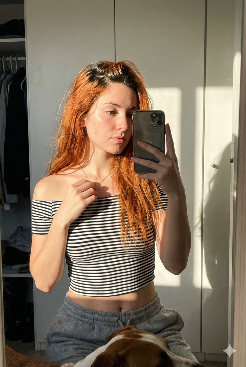 Sun-Drenched Mirror Selfie with Dog in Foreground - Prompt de IA
