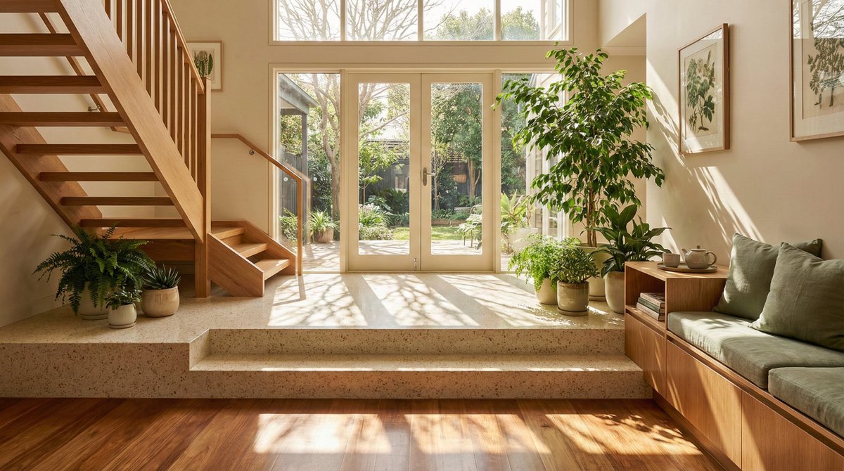 Preview image for Sun-Drenched Modern Entryway Architectural Photograph Prompt (Structured) prompt