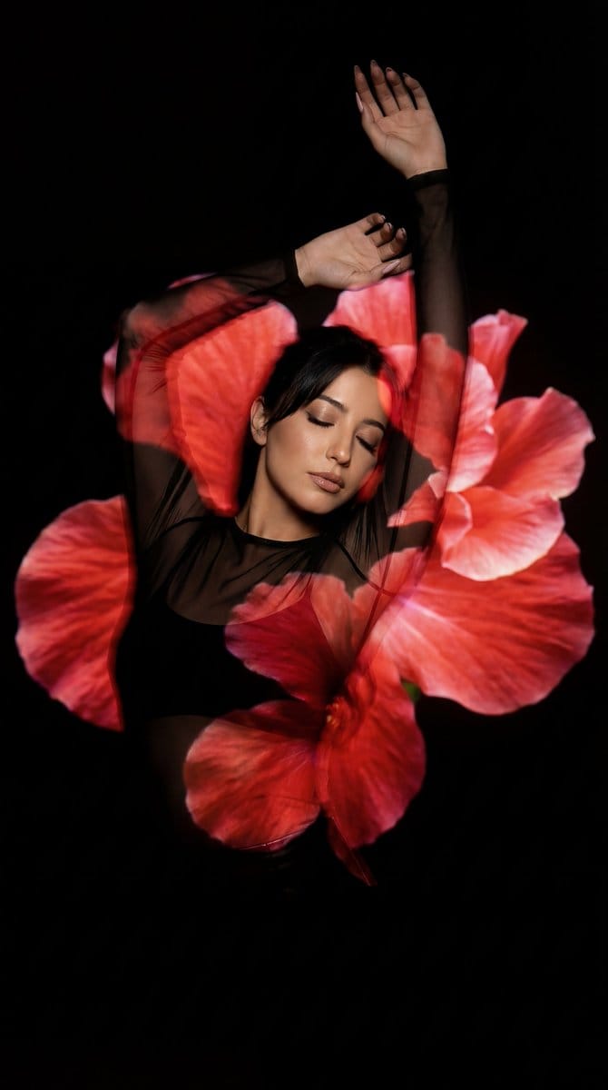 Preview image for Surreal Fine Art Portrait with Red Flower Projection prompt