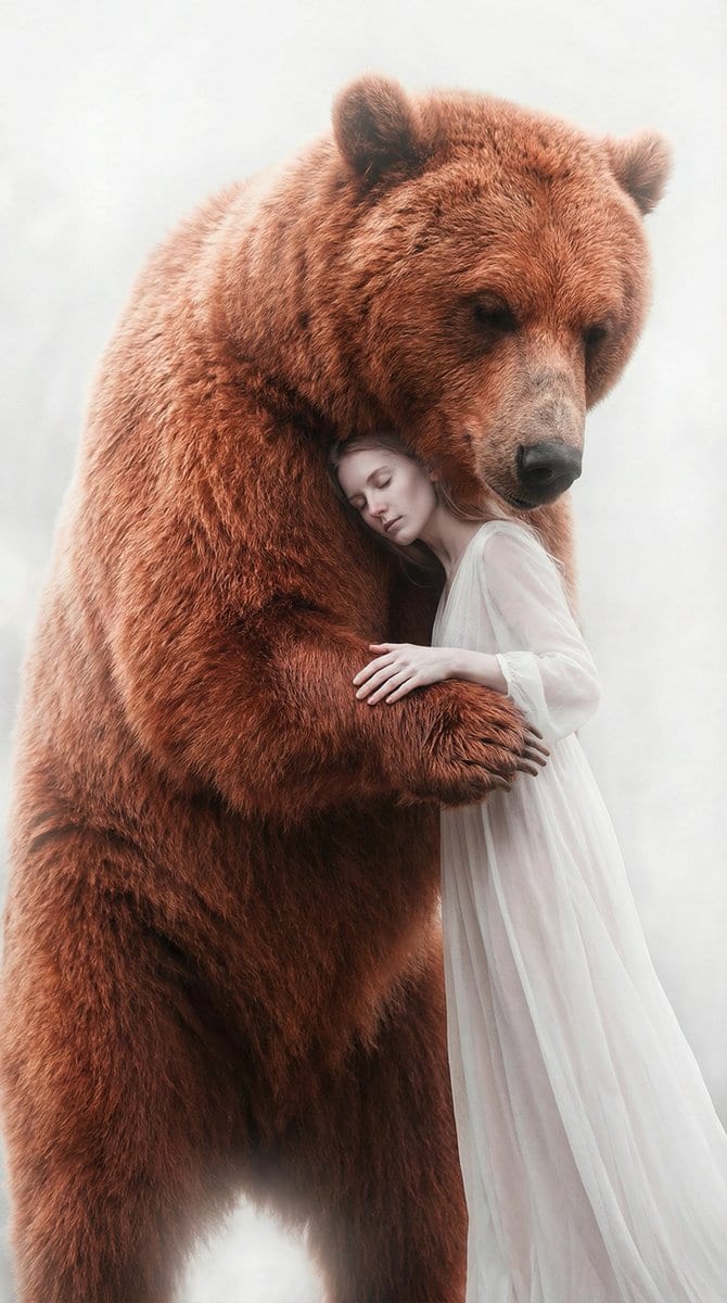 Surreal Scene of Human Embracing Massive Red Bear Prompt - AI Generated Realistic Style Image Example