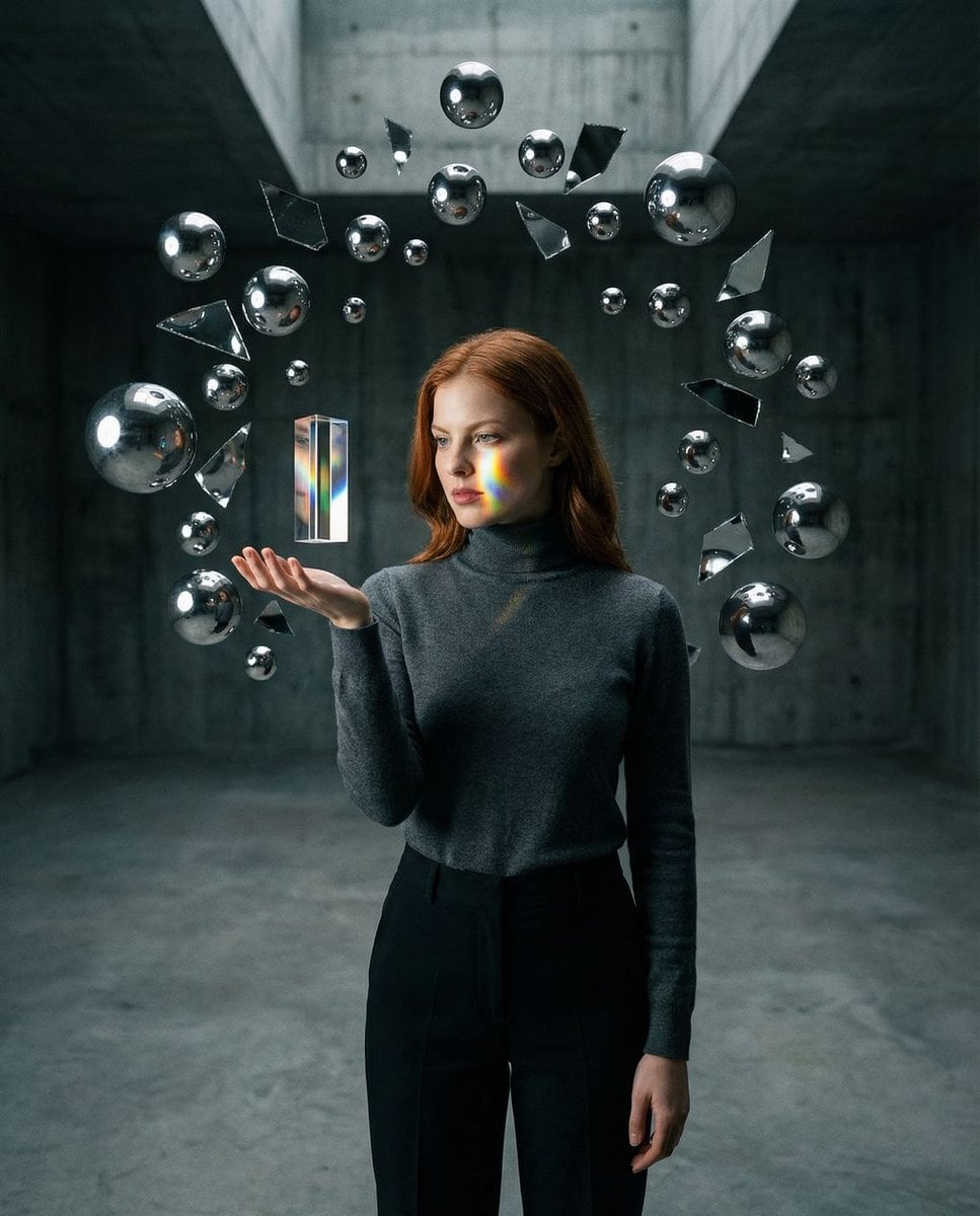 Surreal Brutalist Portrait with Kinetic Chrome Orbits Prompt in JSON - AI 프롬프트