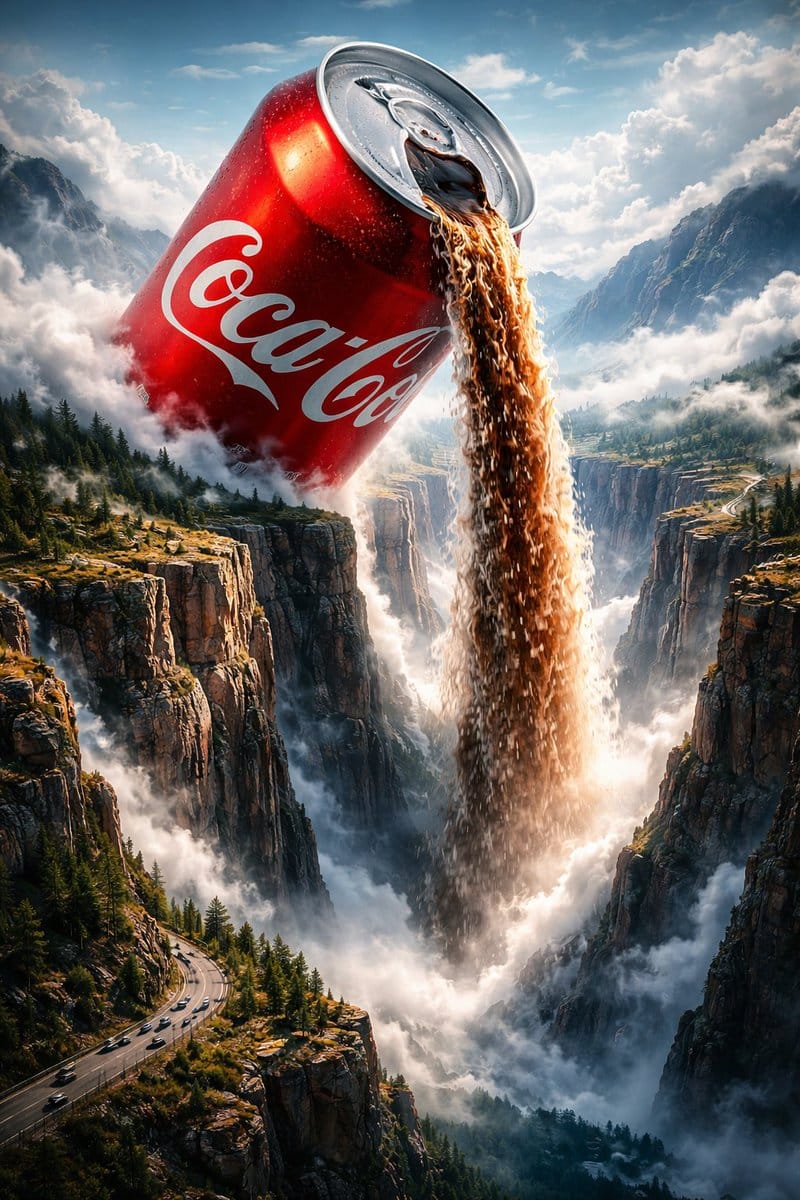 Surreal Epic Coca-Cola Waterfall Landscape - AI Prompt