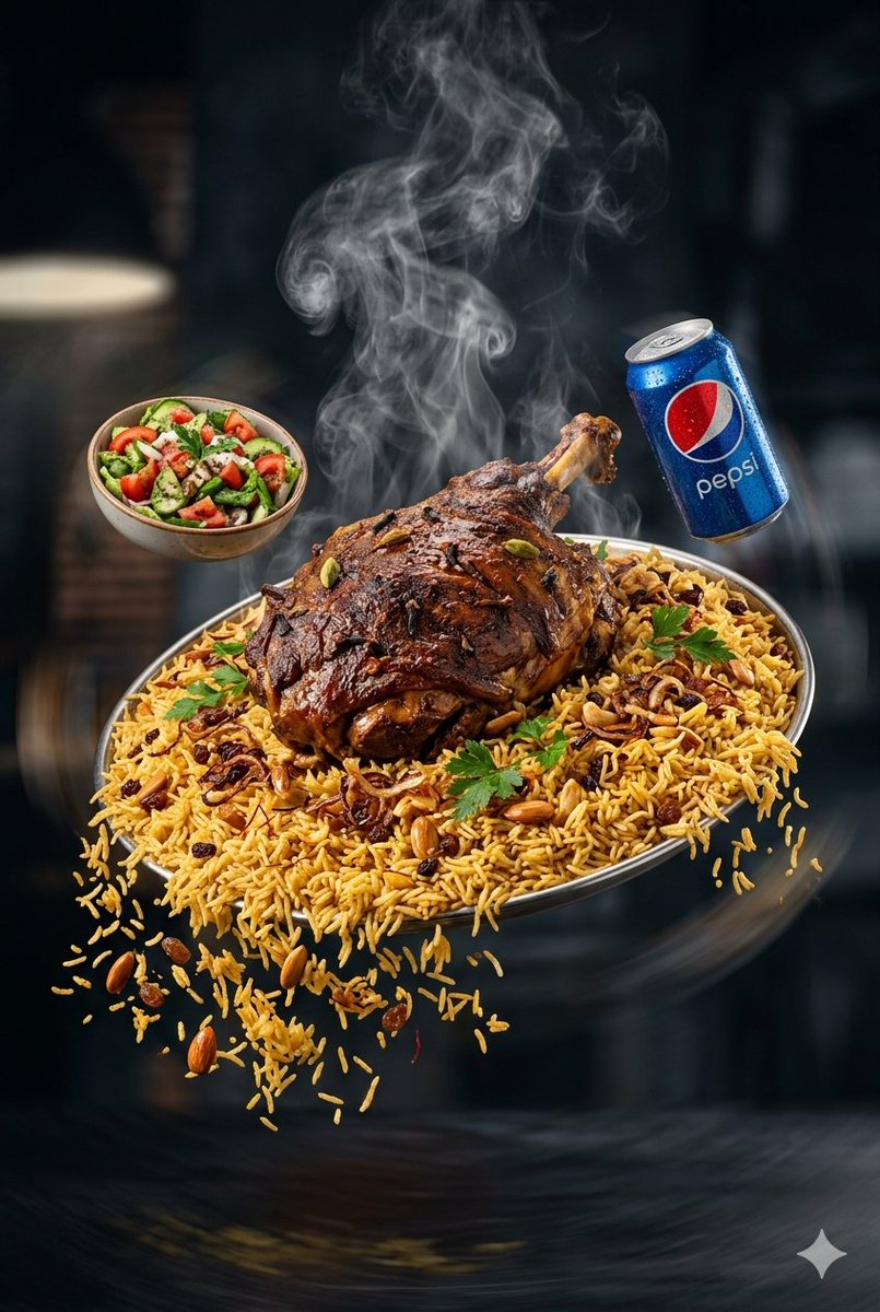 Preview image for Surreal Food Ad: Saudi Lamb Kabsa prompt