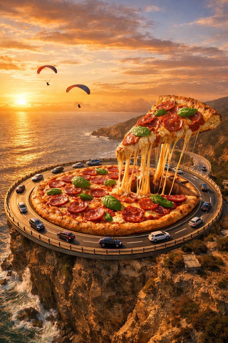 Surreal Food Photography: Pizza Roundabout - AI Generated Realistic Style Image Example