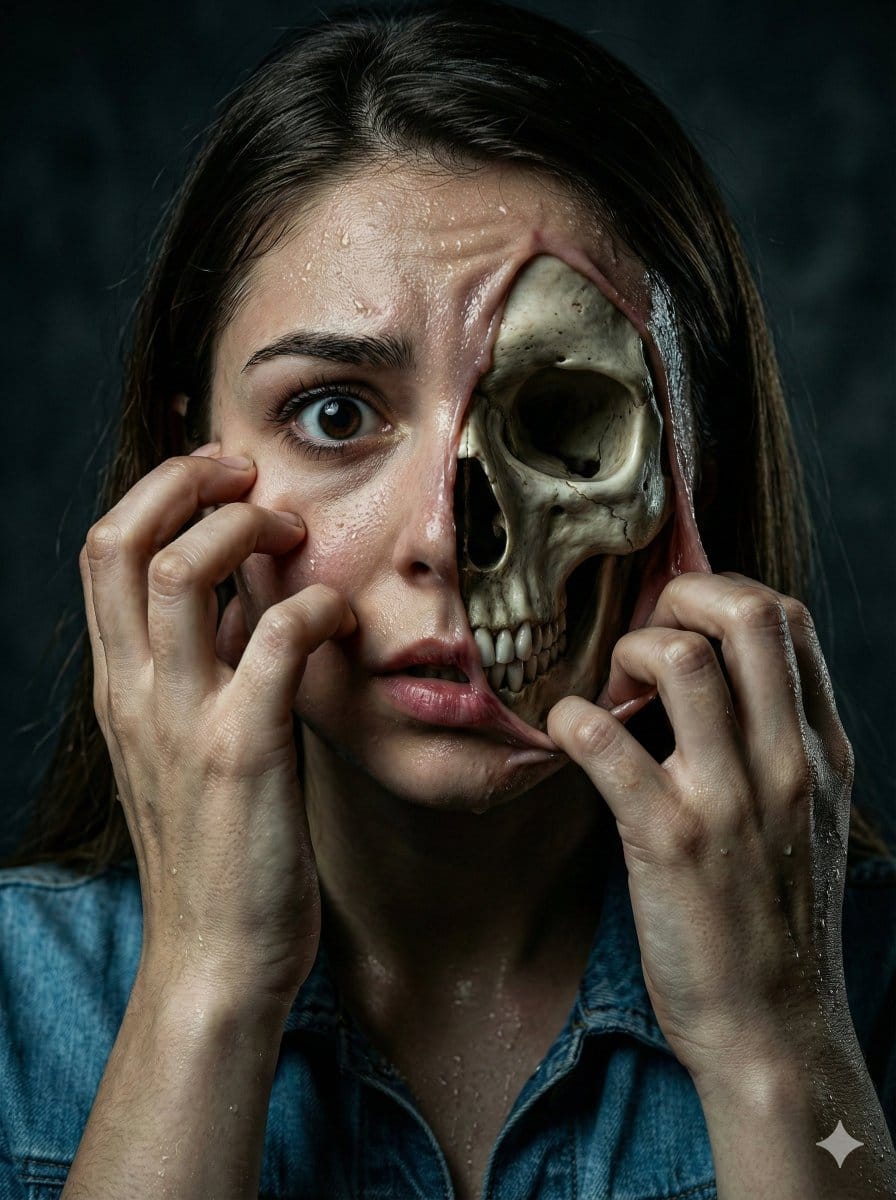 Surreal Horror Portrait Revealing Skull - AI 프롬프트