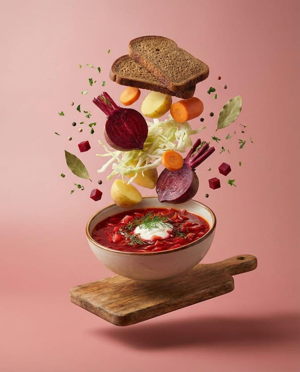 Surreal Levitation Food Photography of Traditional Beet Soup (Borscht) - AI Generated Realistic Style Image Example