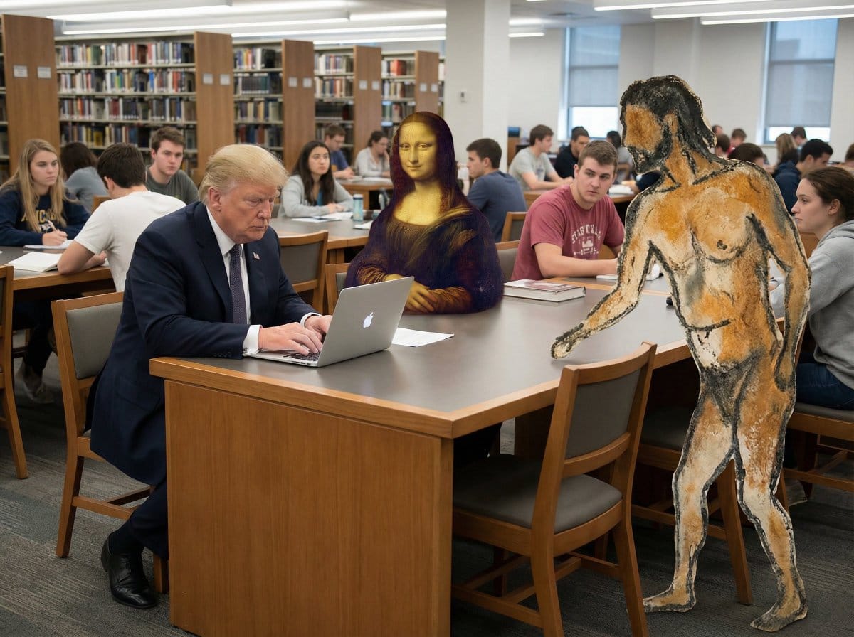 Surreal Library Scene with Trump, Mona Lisa, and Cave Art Hunter