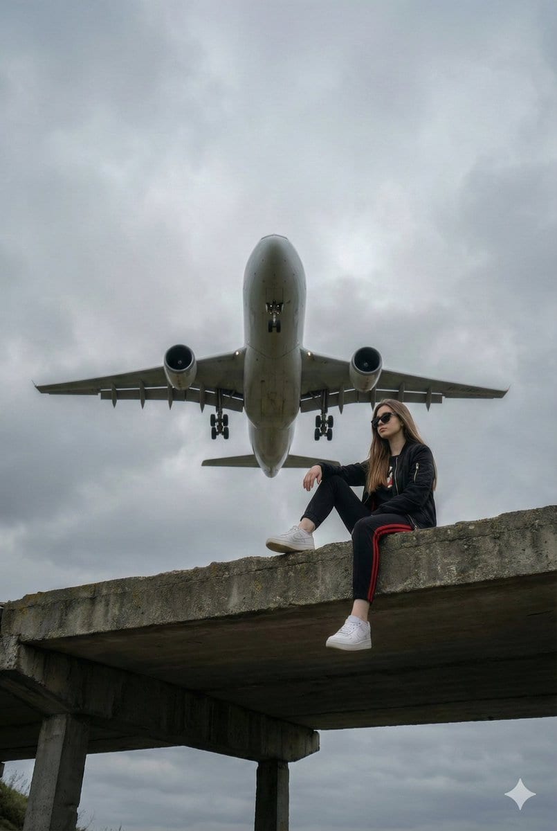 Surreal Low-Angle Portrait with Low-Flying Airplane Prompt - Промпт ИИ