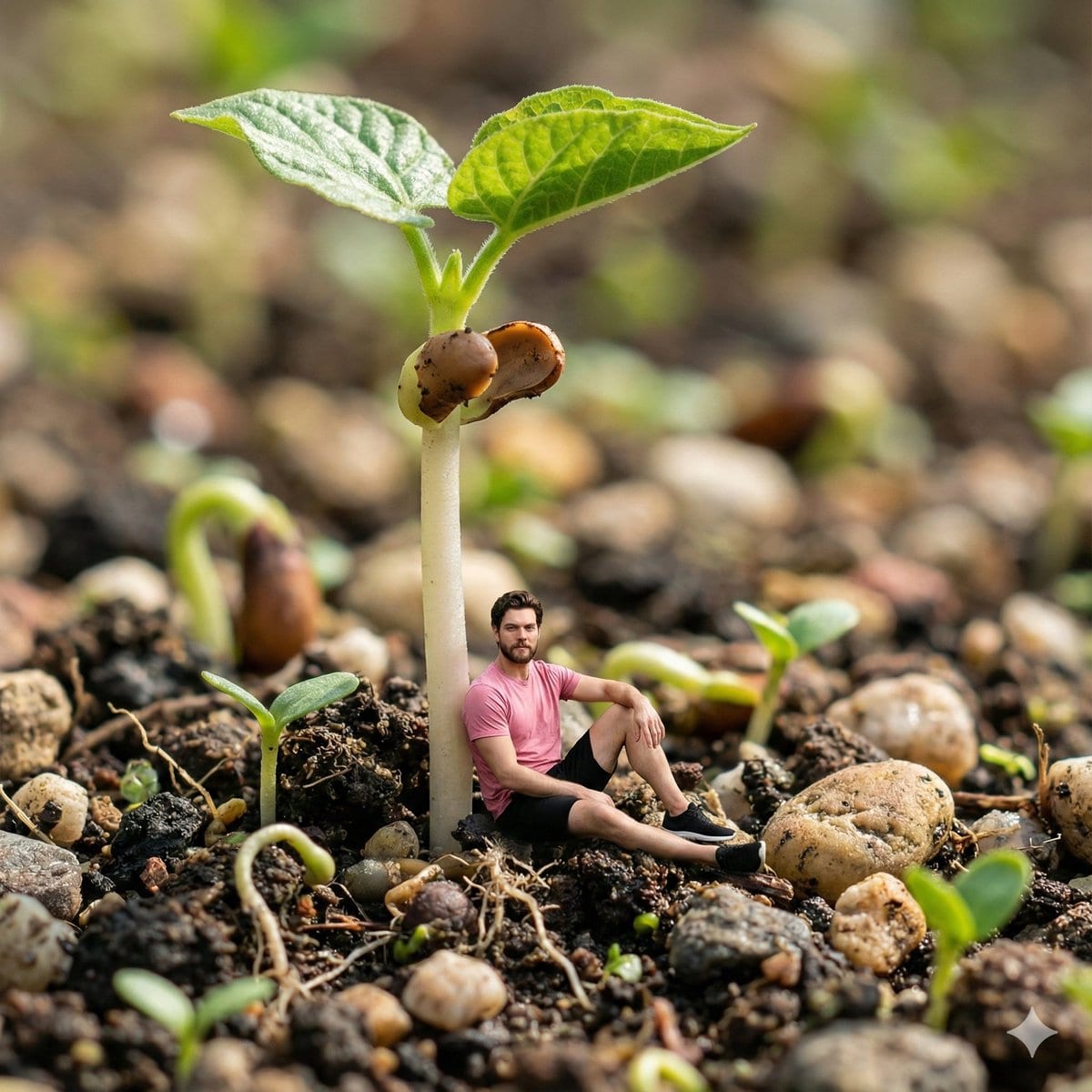 Surreal Macro-Fantasy: Tiny Man and Giant Bean Sprout - AI提示词