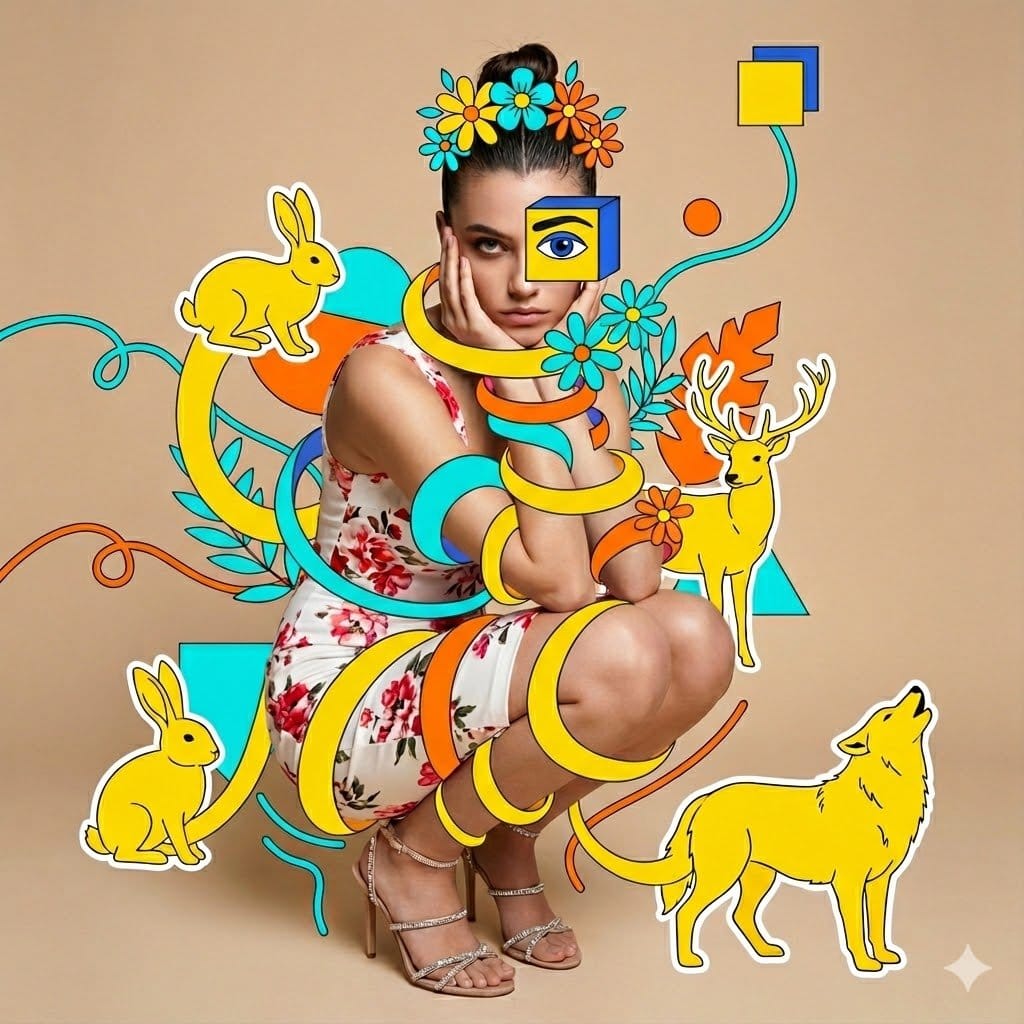 Surreal Mixed-Media Fashion Portrait Collage - AI提示詞