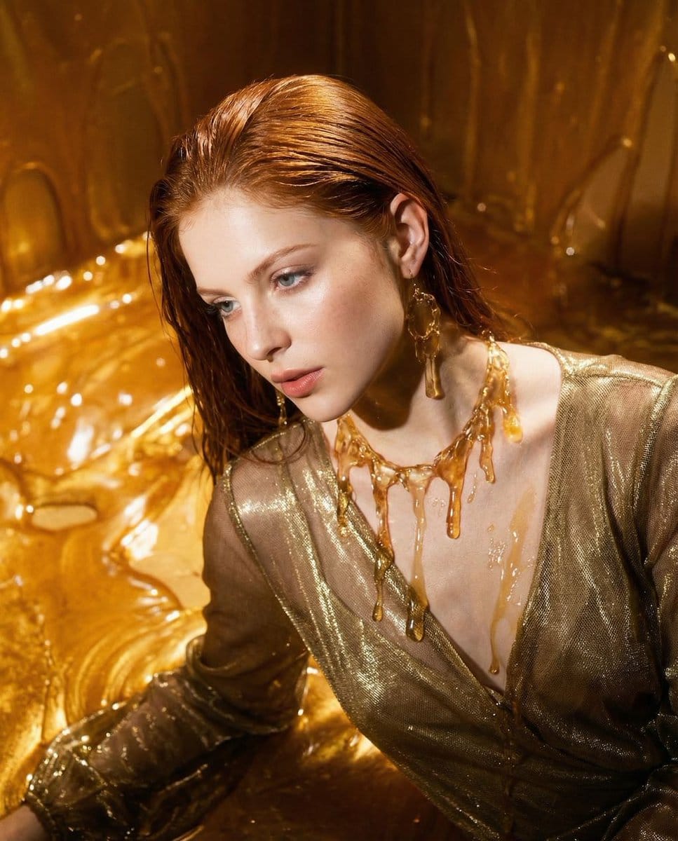 Preview image for Surreal Molten Gold Editorial Portrait Prompt in JSON prompt