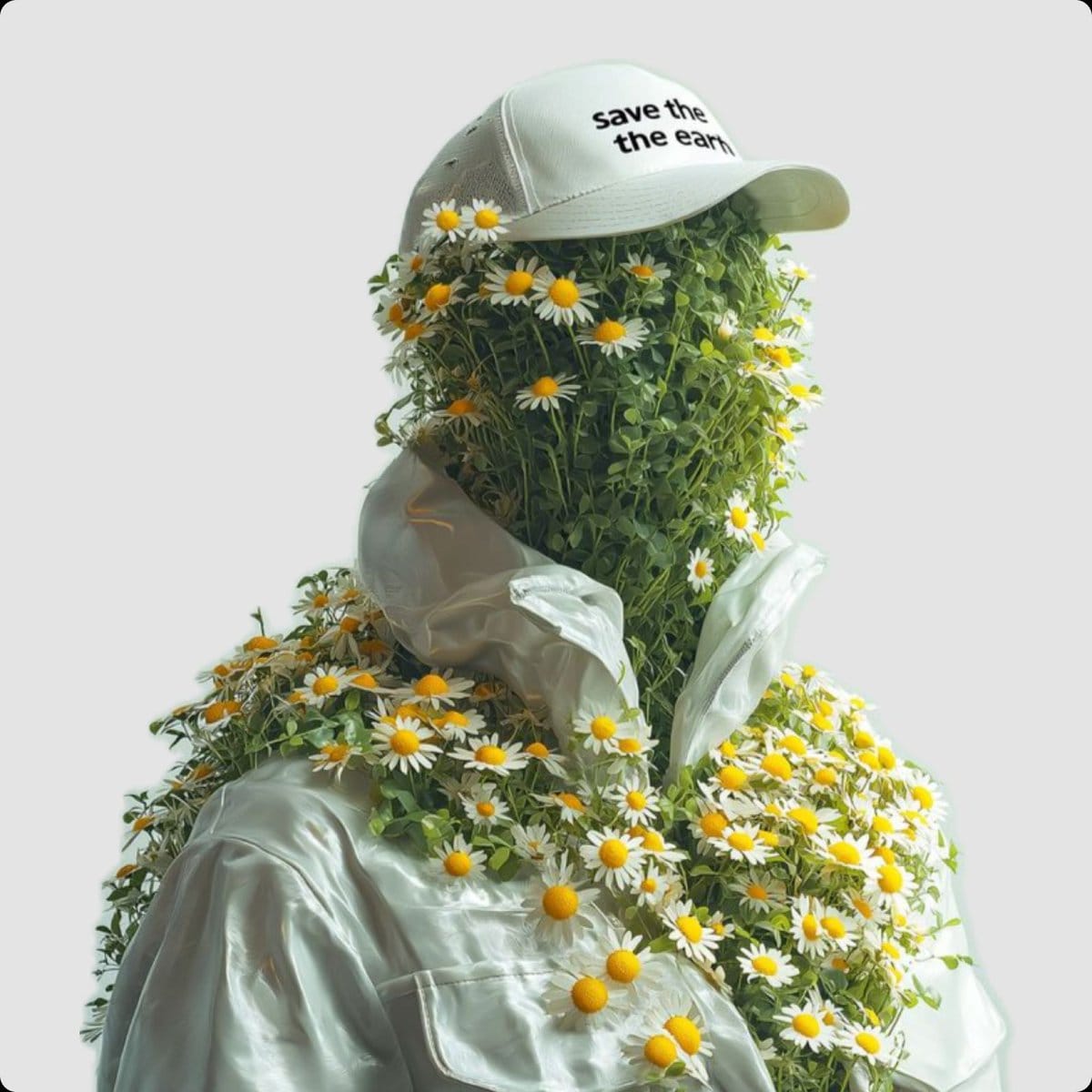 Surreal Portrait of Humanoid Covered in Grass and Daisies - AI 프롬프트