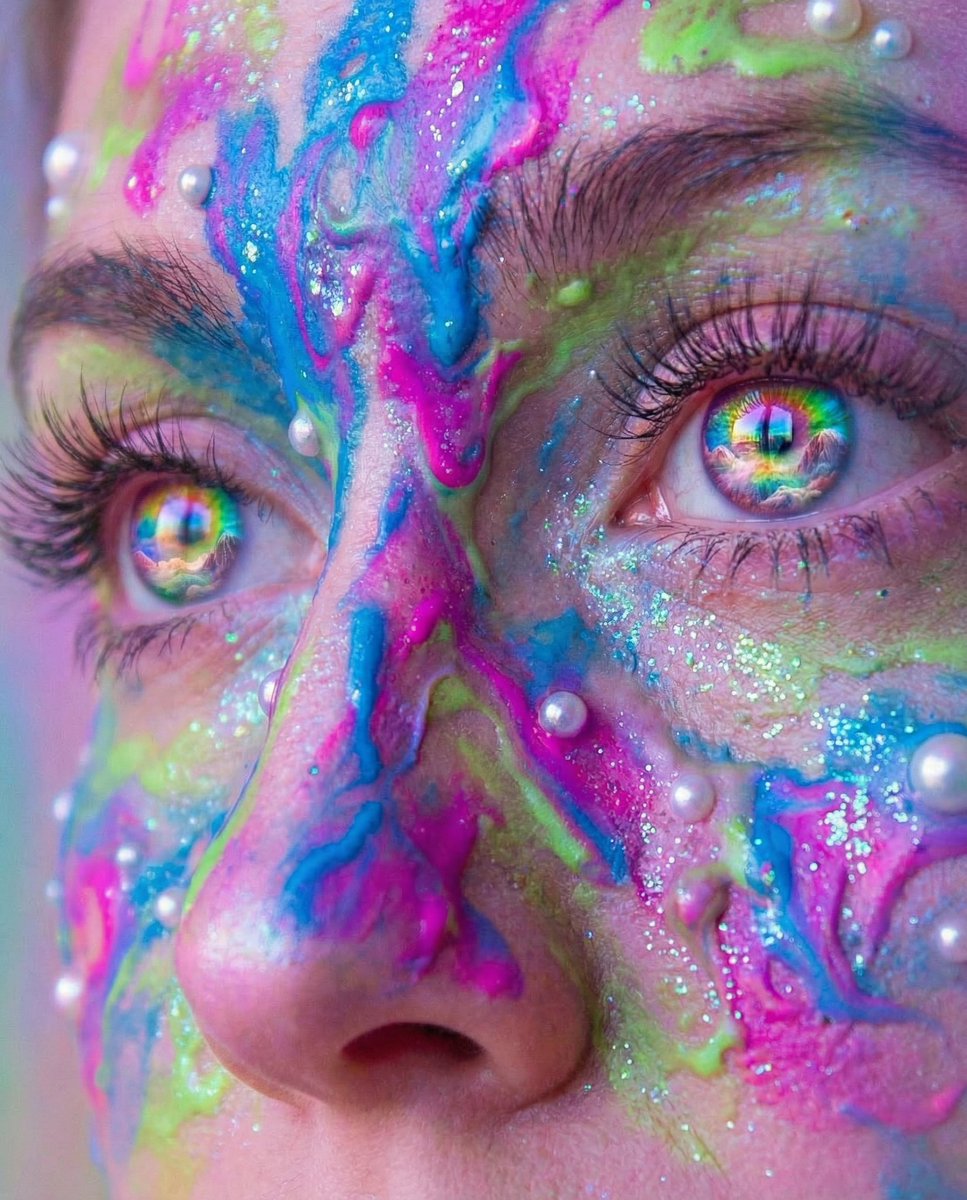 Surreal Portrait with Rainbow Irises and Melted Paint - AI Art AI Generated Artwork