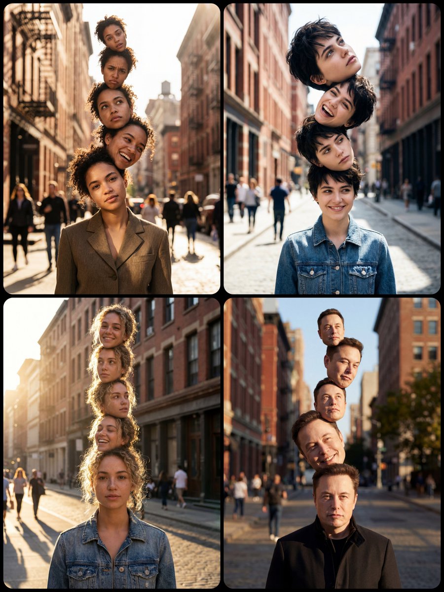 Preview image for Surreal Portrait with Stacked Heads in City Street prompt