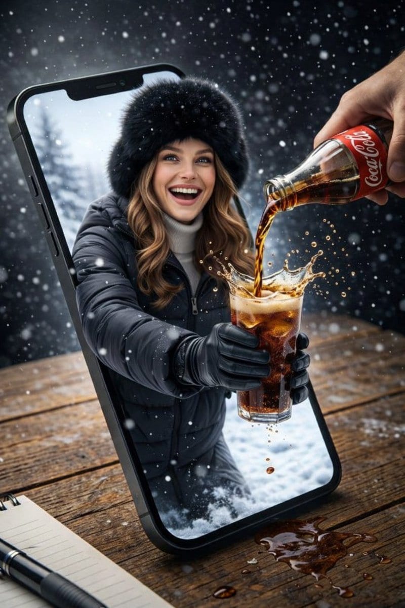 Surreal Product Composite: Subject Emerging from Cracked Phone Screen - AI 프롬프트