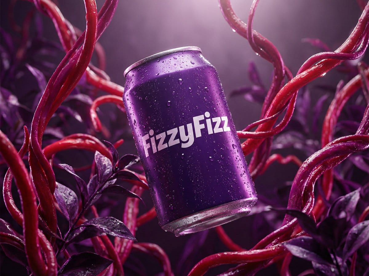 Surreal Product Shot Prompt: Purple Beverage Can with Organic Tendrils - AI Generated Realistic Style Image Example