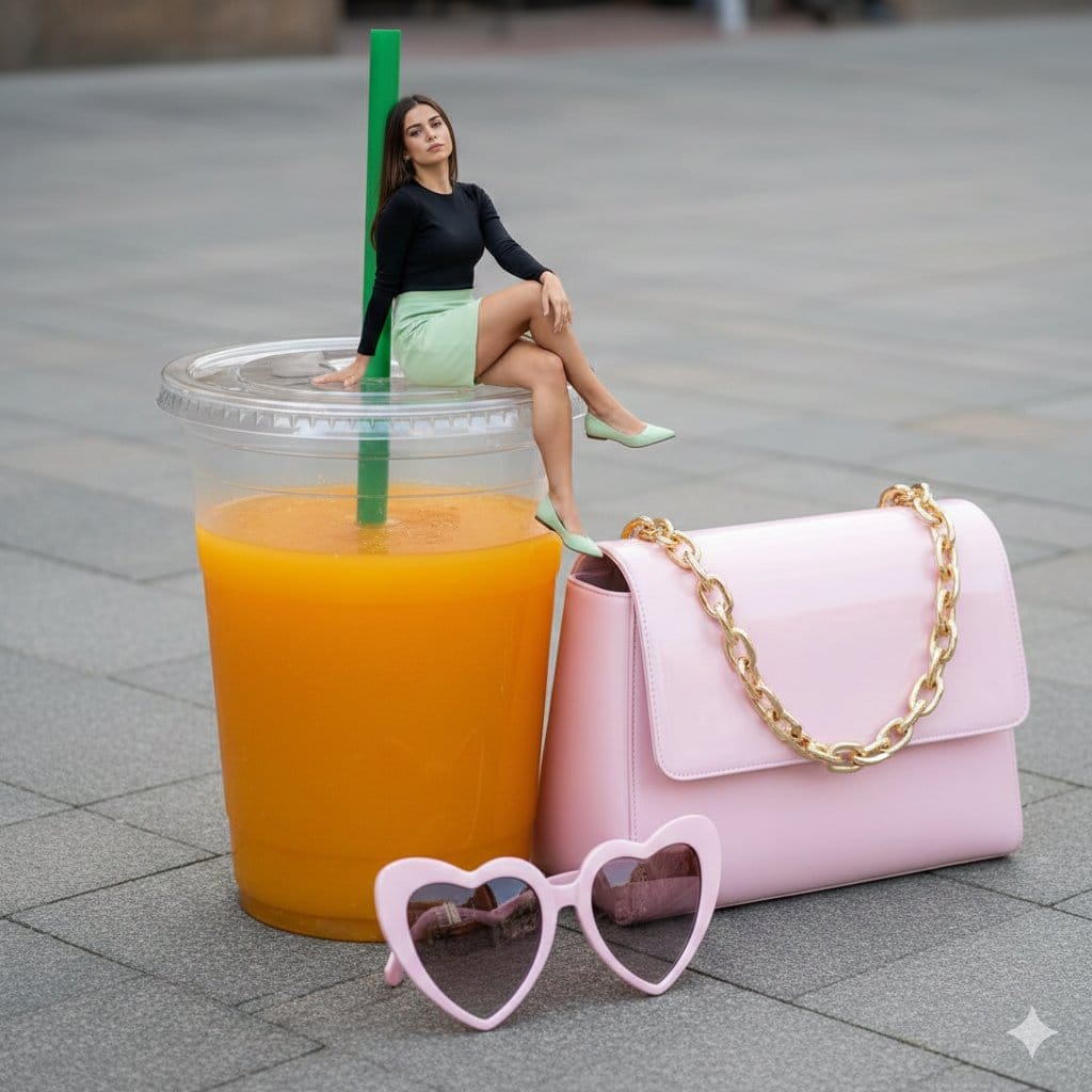 Surreal Scale Photorealistic Scene: Woman on a Giant Drink - AI 프롬프트