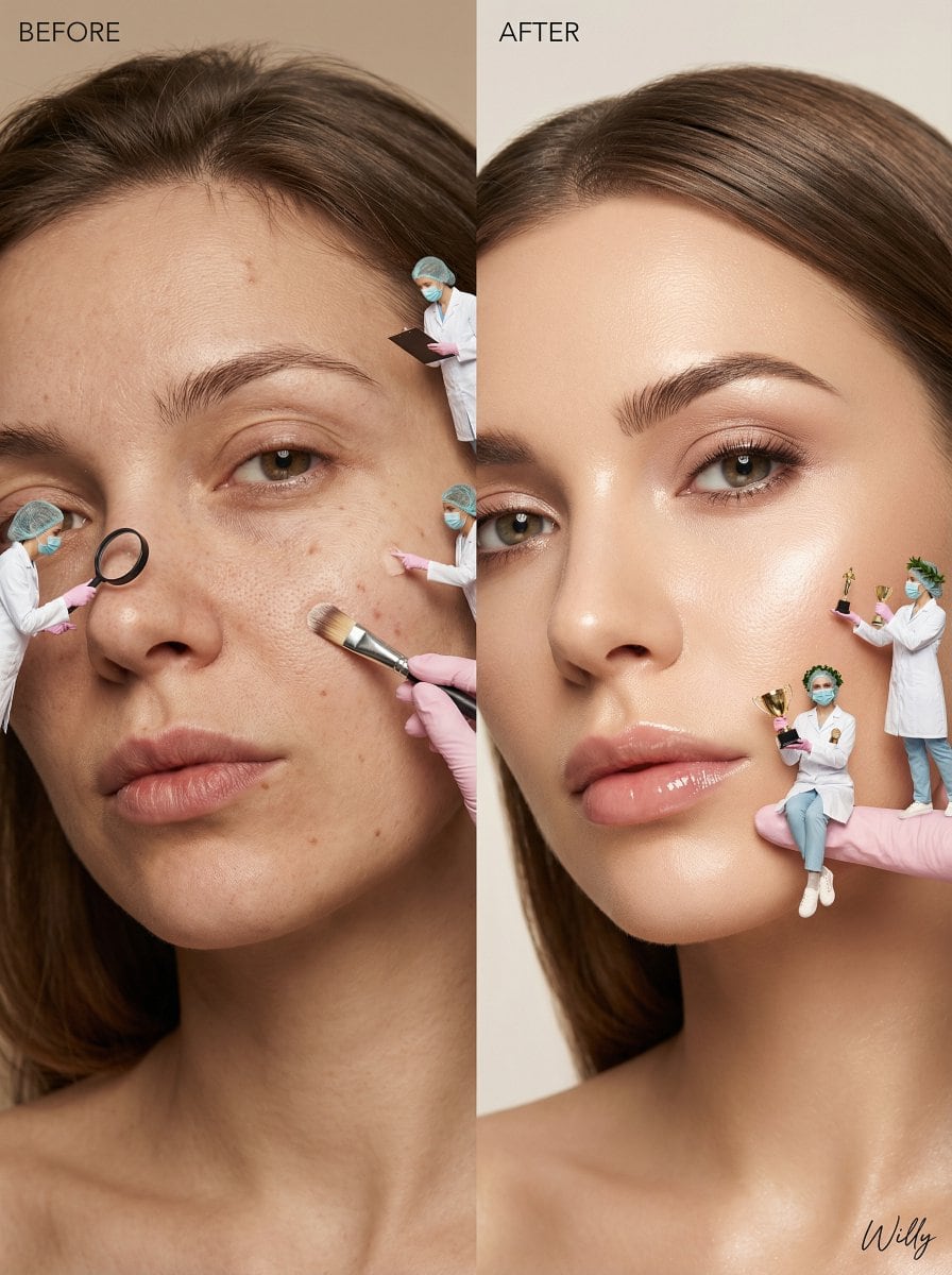 Surreal Skincare Before/After Editorial with Miniature Figures - AI Generated Realistic Style Image Example