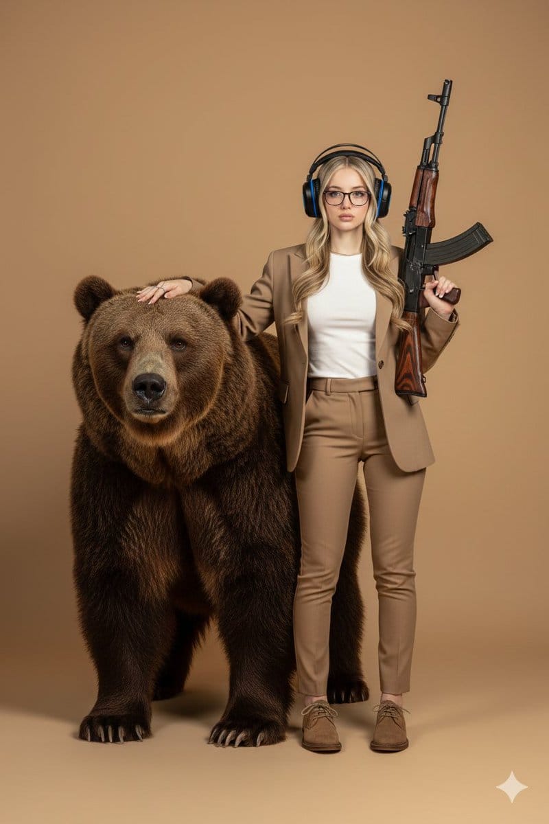 Surreal Studio Portrait with Grizzly Bear and Rifle - AI Generated Character Style Image Example