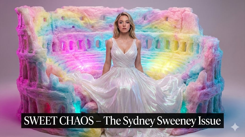 Surreal Sydney Sweeney Portrait in Cotton Candy Amphitheater - AI Generated Character Style Image Example