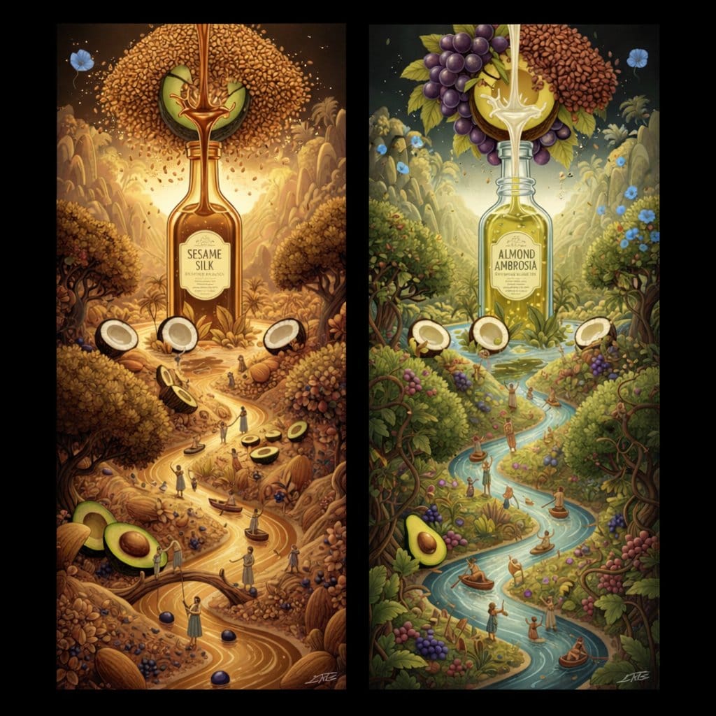 Surrealist Diptych of Sesame and Almond Oil Landscapes - AI Prompt