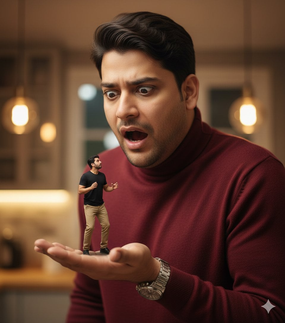 Surrealist Forced Perspective Giant/Miniature Man Prompt - AI Generated Realistic Style Image Example