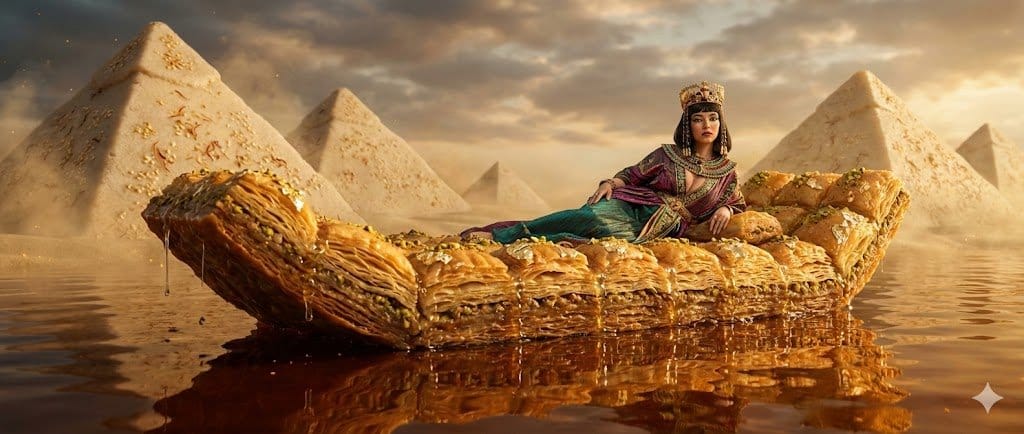 Sydney Sweeney as Cleopatra on a Baklava Barge Food Art Fantasy - AI 프롬프트