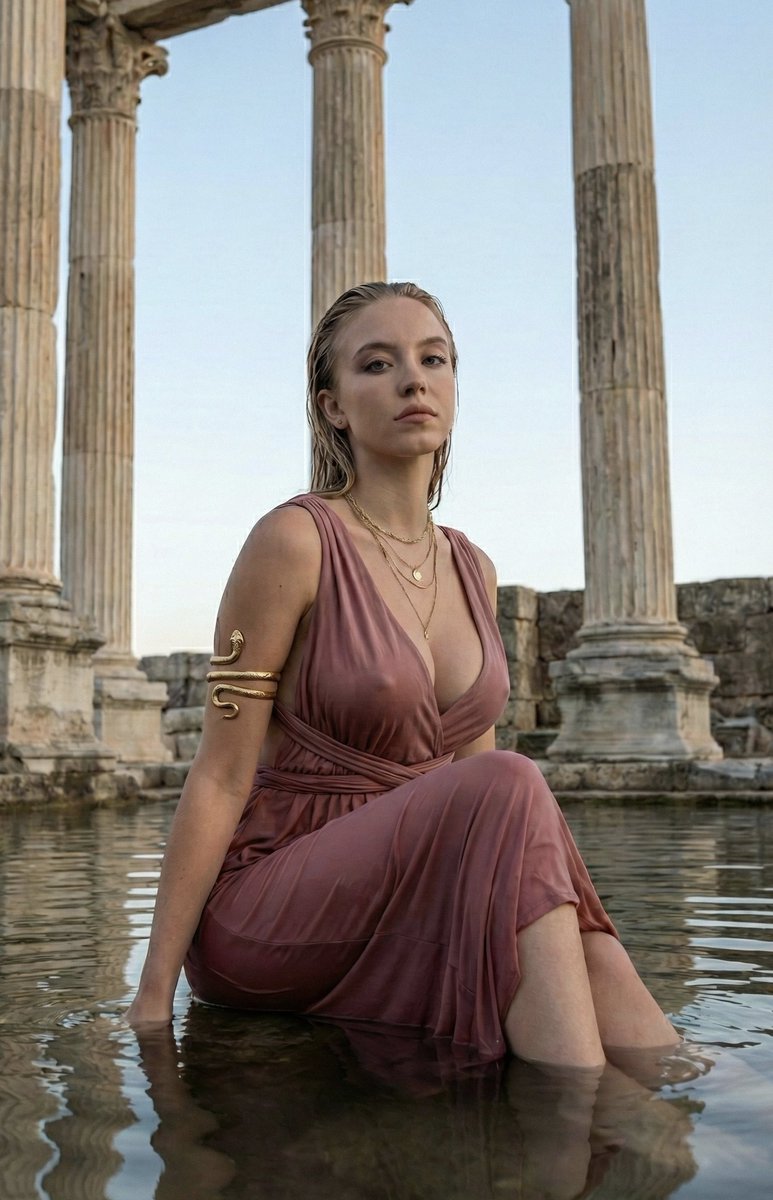 Preview image for Sydney Sweeney as Modern Aphrodite in Flooded Ruins prompt