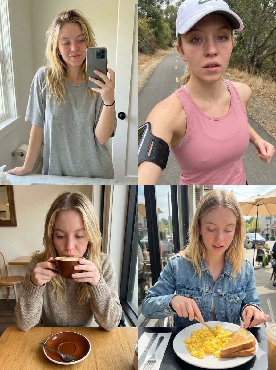 Sydney Sweeney Morning Routine 2x2 Grid Prompt - KI-Prompt