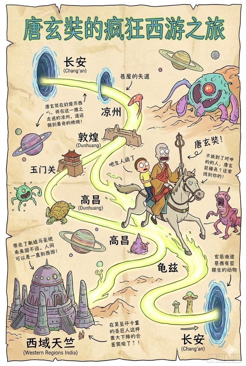 Tang Xuanzang journey route in Rick and Morty style - AI Generated 3d Style Image Example