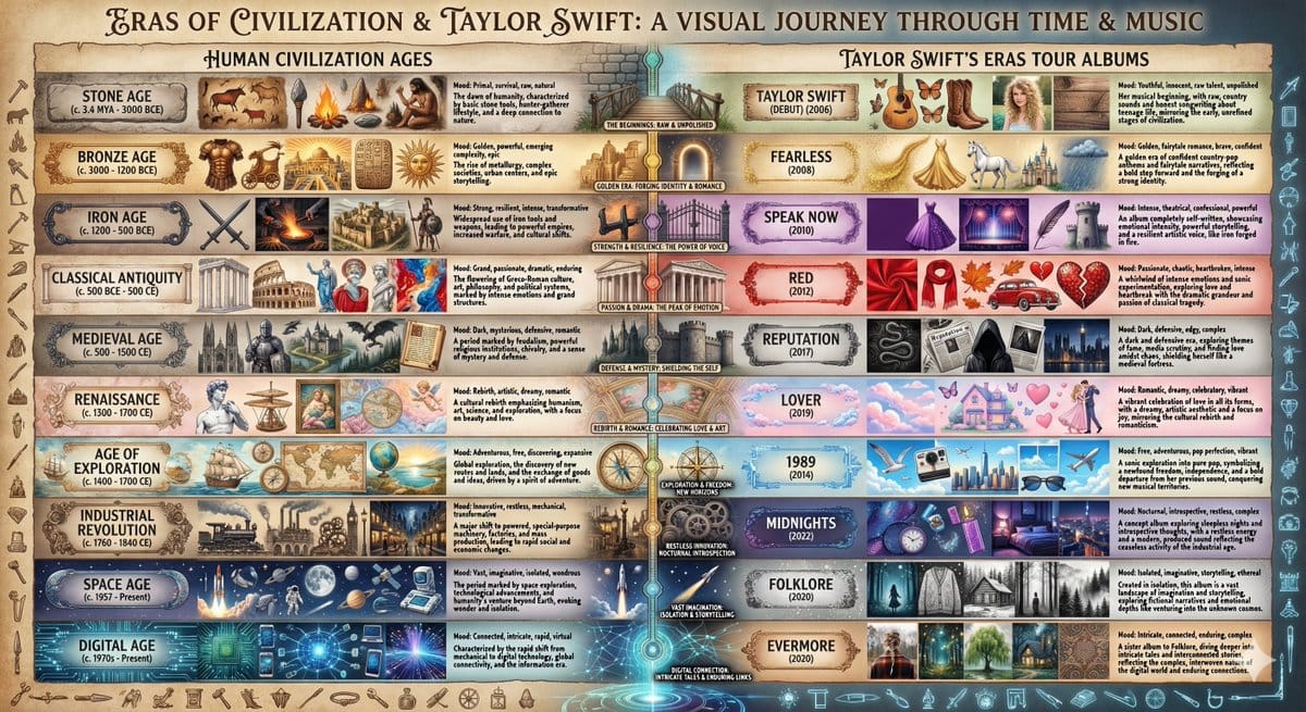 Taylor Swift Eras Tour vs. Human Civilization Ages Comparison - AI Generated AI Art Style Image