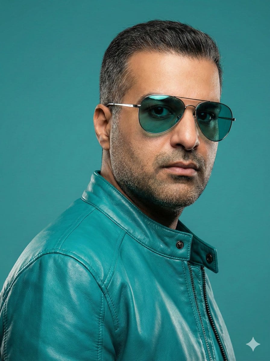 Teal Leather Jacket Studio Portrait Prompt - AI Generated Character Style Image Example